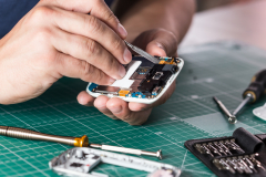 Man repairing broken smartphone, close up photo